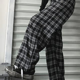 Plus Size Casual Pants, Women's Plus Plaid Print Elastic High Rise Wide Leg Trousers With Pockets