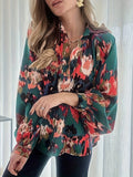 Plus Size Casual Blouse, Women's Plus Tie Dye Lantern Sleeve Lapel Collar Shirt Top