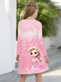 Girls' Long Sleeve Christmas Dress, 3D Princess Print, Knit Fabric, Polyester, Regular Fit, Casual Style, Autumn/Winter, Stretchy, Cartoon Pattern, Kids Fashion