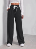 Drawstring Waist Slant Pocket Sweatpants, Casual High Waist Wide Leg Pants, Women's Clothing