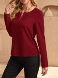 Solid V Neck Blouse, Casual Long Sleeve Simple Blouse, Women's Clothing