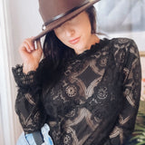 Solid Lace Blouse, Elegant Vintage Semi-Sheer High Neck Long Sleeve Blouse, Women's Clothing