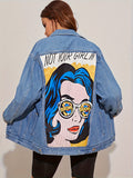 Figure & Letter Print Denim Jackets, Washed Long Sleeves Street Style Lapel Denim Coats, Women's Denim Clothing