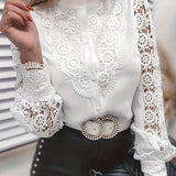 Solid Contrast Lace Blouse, Elegant Mandarin Collar Long Sleeve Blouse, Women's Clothing