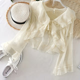 Ruffle Layered Blouse, Elegant Tie Front Long Flared Sleeve Blouse, Women's Clothing