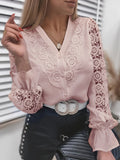 Women's Blouses Women Sexy Lace Patchwork Hollow Out Shirt Blouse Long Sleeve O-Neck Elegant Blouses