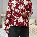 Floral Print Tie Front Blouse, Elegant V Neck Long Sleeve Blouse, Women's Clothing