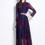 Floral Print Contrast Lace Dress, Elegant Button Front Party Maxi Dress, Women's Clothing