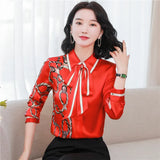 Women's Designer Floral Printed Shirt With Neck Bow Plus Size Elegant Long Sleeve Office Ladies Runway Silk Button Shirts Sweet Girl Chic Satin Blouses Red Tops