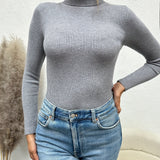 Long Sleeve Turtleneck Sweater, Rib Knit Casual Sweater, Women's Clothing