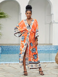 Geo Print Open Front Belted Kimono, Boho Long Sleeve Beachwear Cove Up, Women's Clothing