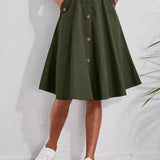 deanwangkt  Solid Button Front Pocket Ruffled Hem Skirts, Elegant Loose High Waist Flared Skirts, Women's Clothing