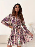 Floral Print Ruffle Hem Dress, Casual Button Front Long Sleeve Dress, Women's Clothing