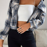 Zip Front Plaid Lapel Jacket, Casual Flap Pockets Long Sleeve Jacket For Fall & Winter, Women's Clothing