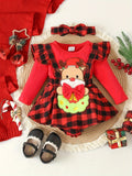 Toddler Baby Girls Christmas One-piece Romper Dress, Plaid Dress With Headband Set, Suitable For Indoor And Outdoor Wear