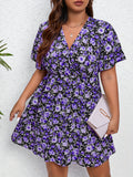 deanwangkt-1 Plus Size Vacay Dress, Women's Plus Floral Print Flutter Sleeve Surplice Neck Nipped Waist Ruched Midi Dress