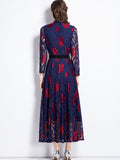 Floral Print Contrast Lace Dress, Elegant Button Front Party Maxi Dress, Women's Clothing