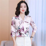 Women's Designer Floral Printed Shirt With Neck Bow Plus Size Elegant Long Sleeve Office Ladies Runway Silk Button Shirts Sweet Girl Chic Satin Blouses Red Tops