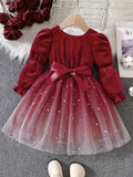 Girls' Gradient Mesh Christmas Velvet Stitching Lace-up Princess Dress For Autumn And Winter