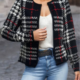 Plaid Open Front Jacket, Casual Contrast Trim Jacket For Spring & Fall, Women's Clothing