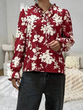 Floral Print Tie Front Blouse, Elegant V Neck Long Sleeve Blouse, Women's Clothing