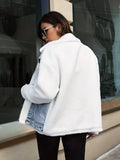 White & Blue Panel Denim Jackets, Furry Drop Shoulder Casual Fluffy Denim Coats, Women's Denim Clothing