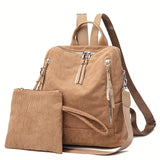 2ps Simple Corduroy Backpack Set, Solid Color Student Shoulder School Bag With Clutch Coin Purse For Traveling And Commuting