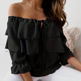 Ruffle Trim Layered Blouse, Sexy Off Shoulder Solid Blouse, Women's Clothing