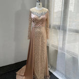 Champagne Mermaid Sequins Beaded Long Sleeve Prom Dress Arabic Dubai Sheer Jewel Neckline Robe De Soiree Evening Gowns BC18910