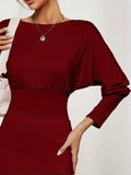 Solid Batwing Sleeve Slim Dress, Elegant Boat Neck Cinched Waist Dress, Women's Clothing