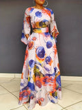 Plus Size Elegant Dress, Women's Plus Random Print Nipped Waist Bell Sleeve Round Neck Maxi Dress