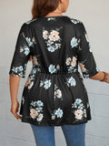 Plus Size Casual Top, Women's Plus Floral Print Contrast Lace Trim Half Sleeve Surplice Neck Medium Stretch Belted Peplum Top