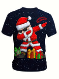 Festive Comfy Dancing Santa Claus Graphic Print Short Sleeve Tee - Tees for Party Girls and Women, Breathable, Soft, Relaxed Fit, Christmas Holiday Party Wear