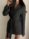 Solid Lapel Belted Blazer, Elegant Long Sleeve Blazer For Spring & Fall, Women's Clothing