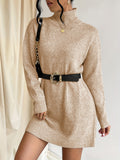 deanwangkt-1  High Neck Solid Dress, Casual Long Sleeve Knitted Mini Dress, Women's Clothing