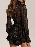 Floral Print High Neck Dress, Elegant Layered Ruffle Long Sleeve Dress, Women's Clothing