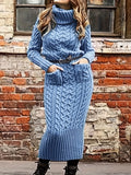 Solid Cable Knit Sweater Dress, Casual Turtleneck Long Sleeve Pocket Front Dress, Women's Clothing