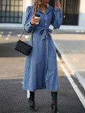 deanwangkt Blue Long Sleeves Denim Dress, Single Breasted Button With Waistband Lapel Denim Dress, Women's Denim Clothing