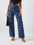 Leaf Print Chic Straight Jeans, Loose Fit Non-Stretch High Waist Denim Pants, Women's Denim Jeans & Clothing