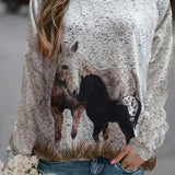 Horse Head Print Pullover Sweatshirt, Casual Long Sleeve Crew Neck Sweatshirt For Fall & Winter, Women's Clothing