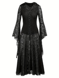 Women's Gothic Corset Waist Hoodie Lace Dress with Flare Sleeves and Lapel - Perfect for Halloween and Cosplay