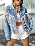 Fringe Patchwork Decor Denim Jacket, Long Sleeves Single Breasted Button Lapel Denim Coat, Women's Denim Clothing