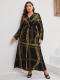 Plus Size Elegant Dress, Women's Plus Chian Print Long Sleeve Surplice Neck Slight Stretch Maxi Dress With Belt