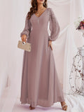 Solid Contrast Lace Dress, Elegant V Neck Long Sleeve Maxi Dress, Women's Clothing