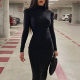 Long Sleeve Midi Dress, High Neck Slim Casual Every Day Dress, Women's Clothing