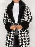 Houndstooth Faux-Fur Trim Outwear, Elegant Double Breasted Long Sleeve Belted Coat For Winter, Women's Clothing