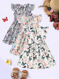 3pcs Little Princess Butterfly Floral Ruffle Trim Dresses - Adorable Belted Casual Summer Dresses for Girls - Polyester Non-Stretch Fabric, A-Line Fit, Perfect for Holiday Gift Party