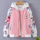 Girls Zip Jacket Floral Print Long Sleeve Fleece Warm Jacket Coat For Kids Teens Autumn And Winter