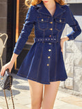 Long Sleeves Lapel Denim Dress, Flap Pockets Mid-Stretch With Waistband Peplum Denim Dress, Women's Denim Clothing