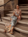 Plus Size Boho Kaftan Dress, Women's Plus Zebra & Paisley Print Batwing Sleeve Notched Neck Maxi Split Dress